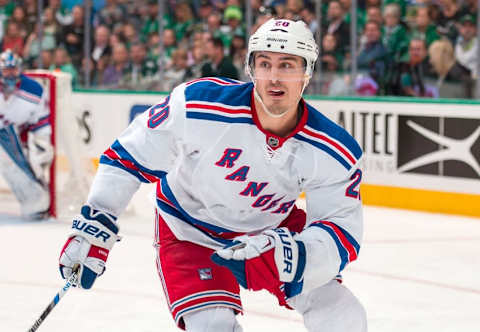 Feb 27, 2016; Dallas, TX, USA; New York Rangers left wing Chris Kreider (20) skates against the Dallas Stars at the American Airlines Center. The Rangers defeat the Stars 3-2. Mandatory Credit: Jerome Miron-USA TODAY Sports