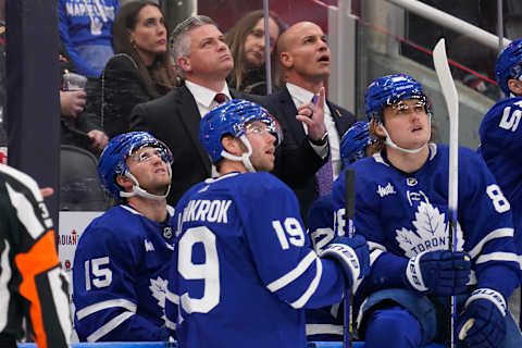 Feb 11, 2023; Toronto, Ontario, CAN; Toronto Maple Leafs head coach Sheldon Keefe  Mandatory Credit: John E. Sokolowski-USA TODAY Sports