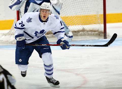 LONDON,ON – SEPTEMBER 12: Sondre Olden #74 of the Toronto Maple Leafs skates in a game against the Pittsburgh Penguins during the NHL Rookie Tournament on September 12,2010 at the John Labatt Centre in London, Ontario. The Penguins defeated the Leafs 2-1. (Photo by Claus Andersen/Getty Images)