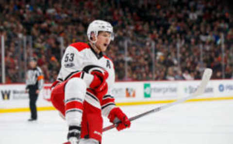 Carolina Hurricanes forward Jeff Skinner (53) celebrates his goal (Brad Rempel-USA TODAY Sports)