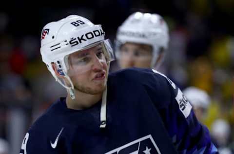 COPENHAGEN, DENMARK – MAY 19: Cam Atkinson of the United States reacts during the 2018 IIHF Ice Hockey World Championship Semi Final game between Sweden and USA at Royal Arena on May 19, 2018 in Copenhagen, Denmark. (Photo by Martin Rose/Getty Images)