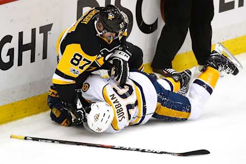 PITTSBURGH, PA – JUNE 08: P.K. Subban #76 of the Nashville Predators and Sidney Crosby #87 of the Pittsburgh Penguins fight in the first period in Game Five of the 2017 NHL Stanley Cup Final at PPG PAINTS Arena on June 8, 2017, in Pittsburgh, Pennsylvania. (Photo by Gregory Shamus/Getty Images)