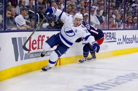 COLUMBUS, OH – APRIL 16: Ryan McDonagh #27 of the Tampa Bay Lightning skates after the puck in Game Four of the Eastern Conference First Round during the 2019 NHL Stanley Cup Playoffs against the Columbus Blue Jackets on April 16, 2019 at Nationwide Arena in Columbus, Ohio. (Photo by Kirk Irwin/Getty Images)