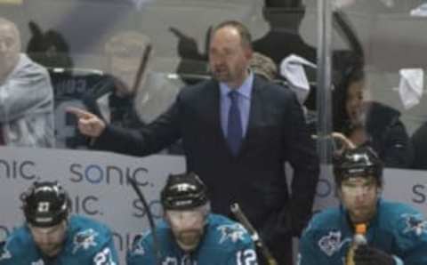 May 7, 2016; San Jose, CA, USA; San Jose Sharks head coach Peter DeBoer instructs against the Nashville Predators during the second period in game five of the second round of the 2016 Stanley Cup Playoffs at SAP Center at San Jose. Mandatory Credit: Kyle Terada-USA TODAY Sports