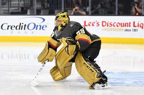 LAS VEGAS, NV – APRIL 04: Marc-Andre Fleury #29 of the Vegas Golden Knights tends goal during the second period against the Arizona Coyotes at T-Mobile Arena on April 4, 2019, in Las Vegas, Nevada. (Photo by Jeff Bottari/NHLI via Getty Images)