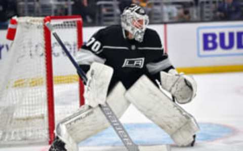 Mar 14, 2023; Los Angeles, California, USA; Los Angeles Kings goaltender Joonas Korpisalo (70) defends the goal against the New York Islanders during the first period at Crypto.com Arena. Mandatory Credit: Gary A. Vasquez-USA TODAY Sports