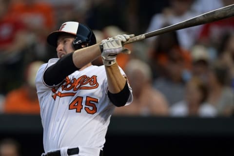 Aug 22, 2016; Baltimore Orioles right fielder Mark Trumbo (45) swings during the second inning at-bat against the Washington Nationals at Oriole Park at Camden Yards. Mandatory Credit: Tommy Gilligan-USA TODAY Sports