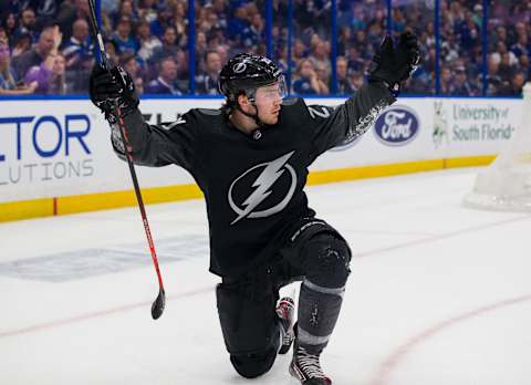 TAMPA, FL – FEBRUARY 7: A disgruntled Brayden Point #21 of the Tampa Bay Lightning signals to the ref against the St Louis Blues during overtime at Amalie Arena on February 7, 2019 in Tampa, Florida. (Photo by Mark LoMoglio/NHLI via Getty Images)