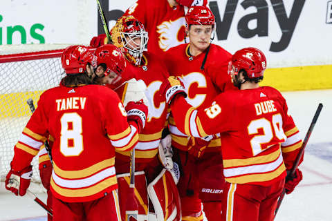 May 26, 2022; Calgary, Alberta, CAN; Calgary Flames goaltender Jacob Markstrom (25) and teammates react to the loss to the Edmonton Oilers in game five of the second round of the 2022 Stanley Cup Playoffs at Scotiabank Saddledome. Mandatory Credit: Sergei Belski-USA TODAY Sports