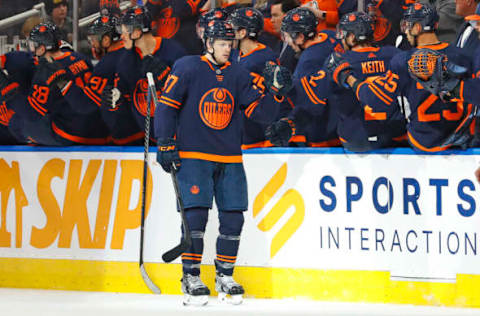 Edmonton Oilers Warren Foegele Celebrates Goal Mandatory Credit: Perry Nelson-USA TODAY Sports