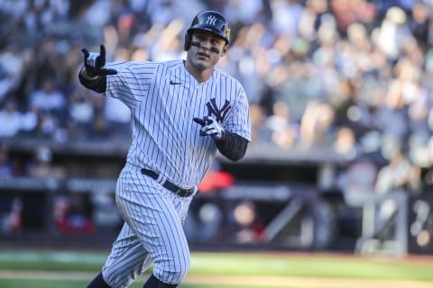 Sep 24, 2022; Bronx, New York, USA; New York Yankees first baseman Anthony Rizzo (48) gestures to the dugout after hitting a two run home run in the seventh inning against the Boston Red Sox at Yankee Stadium. Mandatory Credit: Wendell Cruz-USA TODAY Sports