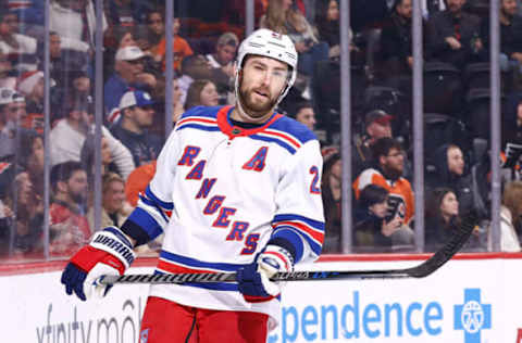 PHILADELPHIA, PENNSYLVANIA – DECEMBER 17: Barclay Goodrow #21 of the New York Rangers looks on against the Philadelphia Flyers at Wells Fargo Center on December 17, 2022, in Philadelphia, Pennsylvania. (Photo by Tim Nwachukwu/Getty Images)