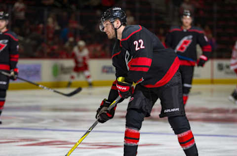 DETROIT, MI – OCTOBER 22: Brett Pesce #22 of the Carolina Hurricanes skates in warm-ups prior to an NHL game at Little Caesars Arena on October 22, 2018 in Detroit, Michigan. The Hurricanes defeated the Wings 3-1. (Photo by Dave Reginek/NHLI via Getty Images)