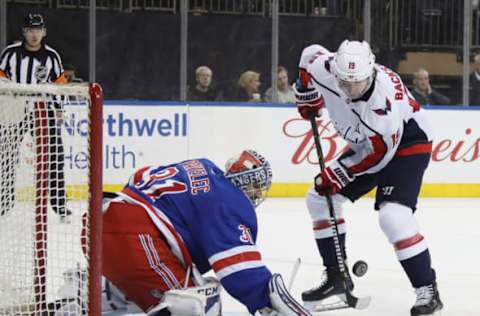 NEW YORK, NY: Ondrej Pavelec #31 of the New York Rangers makes the third period save on Nicklas Backstrom #19 of the Washington Capitals on March 26, 2018. (Photo by Bruce Bennett/Getty Images)