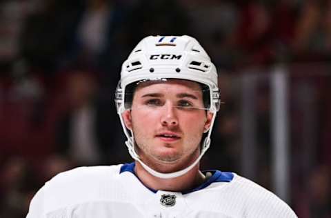 MONTREAL, QC – SEPTEMBER 23: Look on Toronto Maple Leafs center Adam Brooks (77) during the Toronto Maple Leafs versus the Montreal Canadiens preseason game on September 23, 2019, at Bell Centre in Montreal, QC (Photo by David Kirouac/Icon Sportswire via Getty Images)