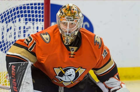 Mar 26, 2016; Ottawa, Ontario, CAN; Anaheim Ducks goalie Frederik Andersen (31) prior to the start of the second period against the Ottawa Senators at the Canadian Tire Centre. The Ducks defeated the Senators 4-3 in overtime. Mandatory Credit: Marc DesRosiers-USA TODAY Sports