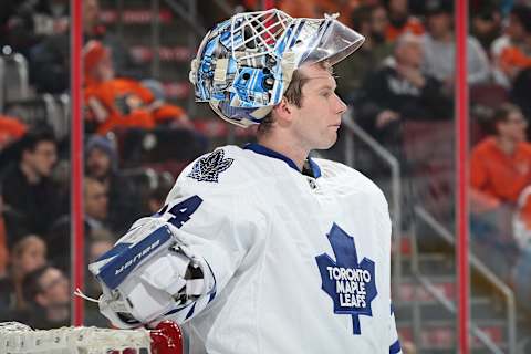 PHILADELPHIA, PA – JANUARY 19: James Reimer #34 of the Toronto Maple Leafs in action against the Philadelphia Flyers at Wells Fargo Center on January 19, 2016 in Philadelphia, Pennsylvania. (Photo by Patrick Smith/Getty Images)