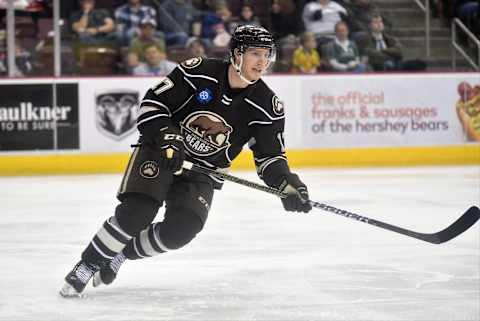 HERSHEY, PA – MARCH 15: Hershey Bears center Mike Sgarbossa (17) skates up ice during the Toronto Marlies vs. the Hershey Bears AHL hockey game March 15, 2019 at the Giant Center in Hershey, PA. (Photo by Randy Litzinger/Icon Sportswire via Getty Images)