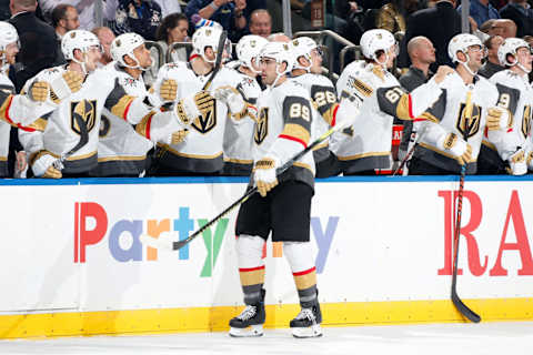 NEW YORK, NY – DECEMBER 02: Alex Tuch #89 of the Vegas Golden Knights celebrates after scoring a goal in the first period against the New York Rangers at Madison Square Garden on December 2, 2019 in New York City. (Photo by Jared Silber/NHLI via Getty Images)