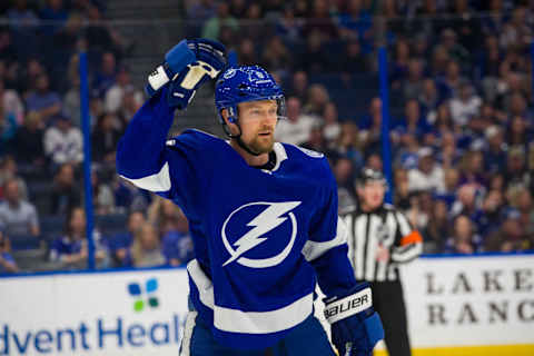 TAMPA, FL – FEBRUARY 14: Anton Stralman #6 of the Tampa Bay Lightning skates against the Dallas Stars in the second period at Amalie Arena on February 14, 2019 in Tampa, Florida. (Photo by Scott Audette/NHLI via Getty Images)”n