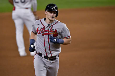 May 16, 2023; Arlington, Texas, USA; Atlanta Braves catcher Sean Murphy (12) rounds the bases after hitting a two run home run against the Texas Rangers during the eighth inning at Globe Life Field. Mandatory Credit: Jerome Miron-USA TODAY Sports