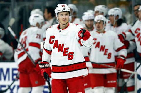 LOS ANGELES, CALIFORNIA – NOVEMBER 20: Sebastian Aho #20 of the Carolina Hurricanes celebrates a goal against the Los Angeles Kings in the second period at Staples Center on November 20, 2021, in Los Angeles, California. (Photo by Ronald Martinez/Getty Images)