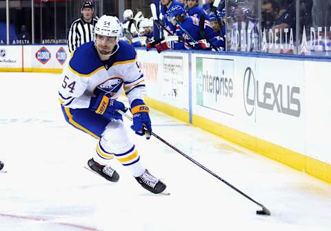 NEW YORK, NEW YORK – APRIL 27: Mattias Samuelsson #54 of the Buffalo Sabres skates against the New York Rangers at Madison Square Garden on April 27, 2021 in New York City. The Rangers defeated the Sabres 3-1. (Photo by Bruce Bennett/Getty Images)