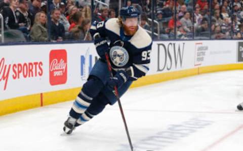 Apr 22, 2022; Columbus, Ohio, USA; Columbus Blue Jackets right wing Jakub Voracek (93) carries the puck against the Ottawa Senators during the second period at Nationwide Arena. Mandatory Credit: Russell LaBounty-USA TODAY Sports