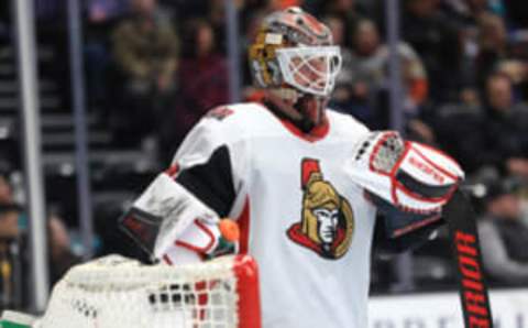 ANAHEIM, CALIFORNIA – MARCH 10: Marcus Hogberg #35 of the Ottawa Senators looks on during the third period of a game against the Anaheim Ducks at Honda Center on March 10, 2020, in Anaheim, California. (Photo by Sean M. Haffey/Getty Images)