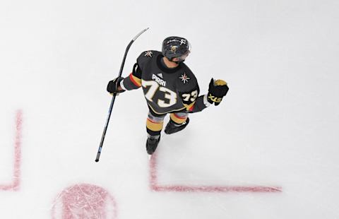 LAS VEGAS, NV – FEBRUARY 16: Brandon Pirri #73 of the Vegas Golden Knights celebrates after scoring a goal during the second period against the Nashville Predators at T-Mobile Arena on February 16, 2019 in Las Vegas, Nevada. (Photo by Jeff Bottari/NHLI via Getty Images)