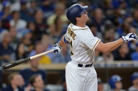 Sep 27, 2016; San Diego, CA, USA; San Diego Padres right fielder Hunter Renfroe (71) hits a three run home run during the first inning against the Los Angeles Dodgers at Petco Park. Mandatory Credit: Jake Roth-USA TODAY Sports