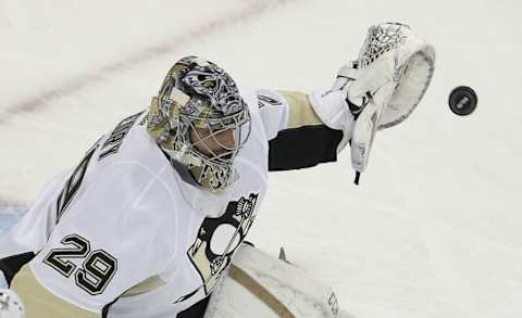 May 18, 2016; Tampa, FL, USA; Pittsburgh Penguins goalie Marc-Andre Fleury (29) warms up during the pre game skate before game three of the Eastern Conference Final of the 2016 Stanley Cup Playoffs against the Tampa Bay Lightning at Amalie Arena. Mandatory Credit: Reinhold Matay-USA TODAY Sports