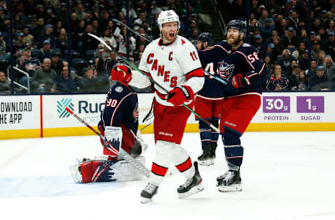 COLUMBUS, OH – JANUARY 16: Jordan Staal #11 of the Carolina Hurricanes reacts after scoring a goal during the game against the Columbus Blue Jackets on January 16, 2020 at Nationwide Arena in Columbus, Ohio. Columbus defeated Carolina 3-2. (Photo by Kirk Irwin/Getty Images)