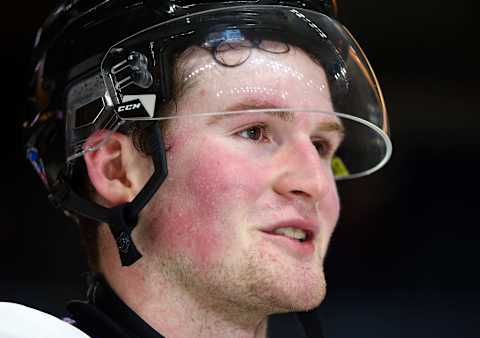 HAMILTON, ON – JANUARY 16: Captain Alexis Lafreniere #11 of Team White speaks with the media following the final whistle of the 2020 CHL/NHL Top Prospects Game against Team Red at FirstOntario Centre on January 16, 2020 in Hamilton, Canada. (Photo by Vaughn Ridley/Getty Images)