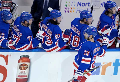 Chris Kreider #20 of the New York Rangers celebrates with his teammates after scoring a goal (Photo by Andre Ringuette/Freestyle Photo/Getty Images)