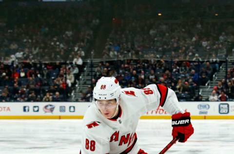 COLUMBUS, OH – JANUARY 16: Martin Necas #88 of the Carolina Hurricanes controls the puck during the game against the Columbus Blue Jackets on January 16, 2020 at Nationwide Arena in Columbus, Ohio. Columbus defeated Carolina 3-2. (Photo by Kirk Irwin/Getty Images)