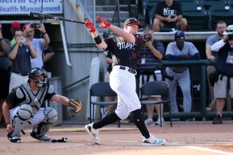 BIRMINGHAM, AL – JUNE 19: Birmingham Barons catcher Zack Collins during the Home Run Derby of the 2018 Southern League All-Star Game. The South All-Stars defeated the North All-Stars by the score of 9-5 at Regions Field in Birmingham, Alabama. (Photo by Michael Wade/Icon Sportswire via Getty Images)