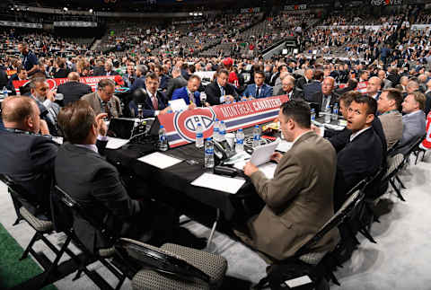 DALLAS, TX – JUNE 22: A general view of the Montreal Canadiens draft table is seen during the first round of the 2018 NHL Draft at American Airlines Center on June 22, 2018 in Dallas, Texas. (Photo by Brian Babineau/NHLI via Getty Images)