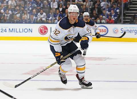 TORONTO,ON – SEPTEMBER 21: Alexander Nylander #92 of the Buffalo Sabres skates against the Toronto Maple Leafs during an NHL pre-season game at Scotiabank Arena on September 21, 2018 in Toronto, Ontario, Canada. The Maple Leafs defeated the Sabres 5-3. (Photo by Claus Andersen/Getty Images)