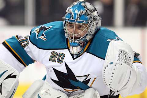 DALLAS – MARCH 31: Goaltender Evgeni Nabokov #20 of the San Jose Sharks makes a save against the Dallas Stars at American Airlines Center on March 31, 2010 in Dallas, Texas. (Photo by Ronald Martinez/Getty Images)