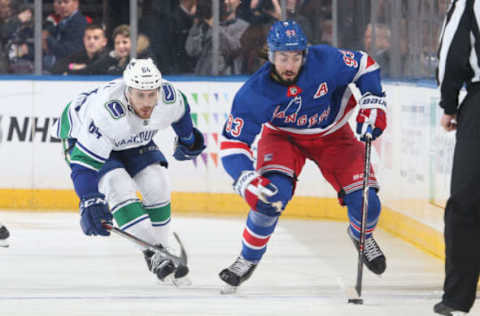 NEW YORK, NY – NOVEMBER 12: Mika Zibanejad #93 of the New York Rangers skates with the puck against the Vancouver Canucks at Madison Square Garden on November 12, 2018 in New York City. The New York Rangers won 2-1. (Photo by Jared Silber/NHLI via Getty Images)