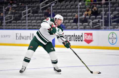 May 13, 2021; St. Louis, Missouri, USA; Minnesota Wild defenseman Ryan Suter (20) shoots during the first period against the St. Louis Blues at Enterprise Center. Mandatory Credit: Jeff Curry-USA TODAY Sports