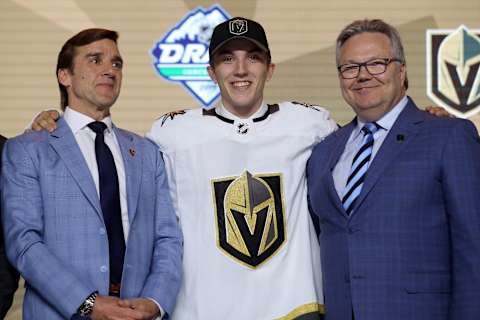 Payton Krebs reacts after being selected seventeenth overall by the Vegas Golden Knights during the first round of the 2019 NHL Draft at Rogers Arena on June 21, 2019.