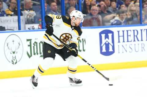 Mar 3, 2020; Tampa, Florida, USA;Boston Bruins defenseman Matt Grzelcyk (48) skates with the puck against the Tampa Bay Lightning during the first period at Amalie Arena. Mandatory Credit: Kim Klement-USA TODAY Sports