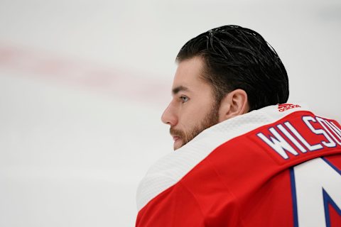 WASHINGTON, DC – JANUARY 16: Tom Wilson #43 of the Washington Capitals warms up before a game against the New Jersey Devils at Capital One Arena on January 16, 2020 in Washington, DC. (Photo by Patrick McDermott/NHLI via Getty Images)