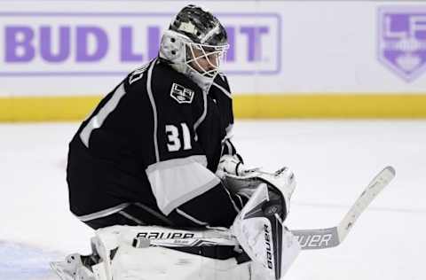 Oct 25, 2016; Los Angeles, CA, USA; Los Angeles Kings goalie Peter Budaj (31) makes a save against the Columbus Blue Jackets during the third period at Staples Center. The Los Angeles Kings won in overtime 3-2. Mandatory Credit: Kelvin Kuo-USA TODAY Sports