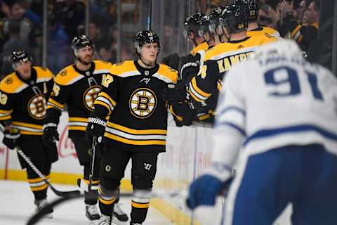 BOSTON, MA – DECEMBER 8: Tory Krug #47 of the Boston Bruins scores against the Toronto Maple Leafs at the TD Garden on December 8, 2018 in Boston, Massachusetts. (Photo by Brian Babineau/NHLI via Getty Images)