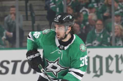 DALLAS, TX – APRIL 15: Mats Zuccarello #36 of the Dallas Stars handles the puck against the Nashville Predators in Game Three of the Western Conference First Round during the 2019 NHL Stanley Cup Playoffs at the American Airlines Center on April 15, 2019 in Dallas, Texas. (Photo by Glenn James/NHLI via Getty Images)