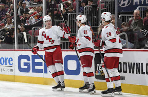 CHICAGO, IL – NOVEMBER 19: Andrei Svechnikov #37 of the Carolina Hurricanes celebrates after scoring against the Chicago Blackhawks in the second period at the United Center on November 19, 2019 in Chicago, Illinois. (Photo by Bill Smith/NHLI via Getty Images)