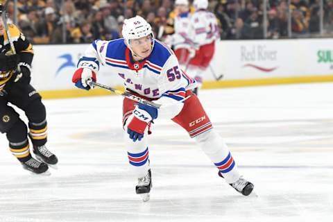 BOSTON, MA – JANUARY 19: Ryan Lindgren #55 of the New York Rangers skates against the Boston Bruins at the TD Garden on January 19, 2019 in Boston, Massachusetts. (Photo by Steve Babineau/NHLI via Getty Images)